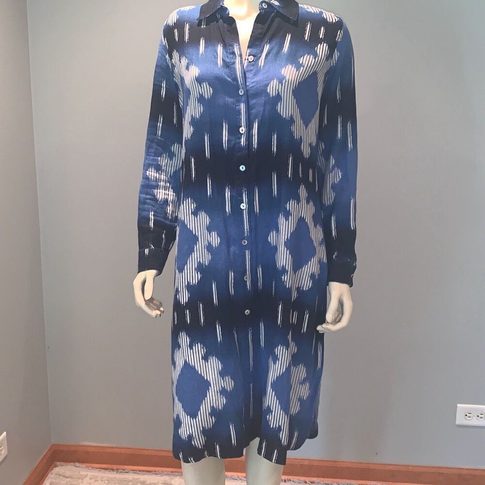 Chicos Blue‎ Aztec Linen Button Down Dress Size 1